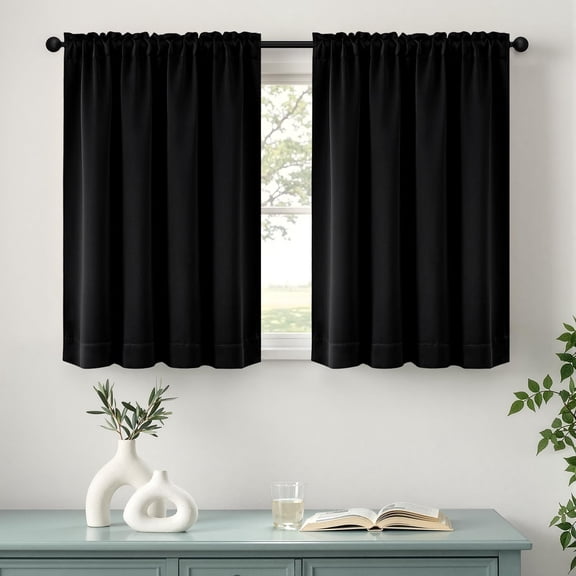 Black Short Blackout Curtains for Small Bedroom Window 36 Inches Long 2 Panels, Room Darkening Drapes for Kitchen Cafe Rv Basement Solid Rod Pocket Privacy Tiers for Bathroom Half Window