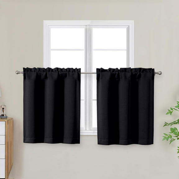Black Short Blackout Curtains Tier 24 Inch Length, Small Kitchen Curtains Rod Pocket Privacy Half Window Curtain for Bathroom Basement Cabinet Camper RV Bunk, 2 Panels, Each 30" Wx24 L