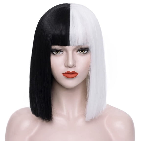DAPRZIY Two Tone Straight Bob Wig for Women, Black and White Half Split Wig with Flat Bangs
