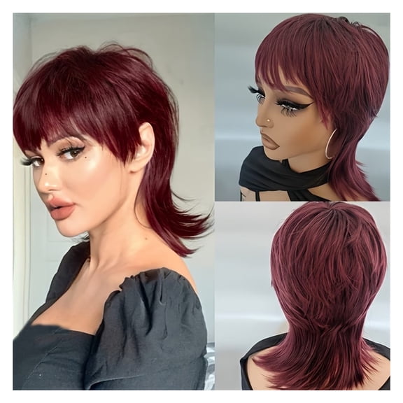 Black Short Mullet Bob Wig with Bangs - Fluffy Layered Curly Synthetic Fiber Wig for Everyday, Party, and Cosplay