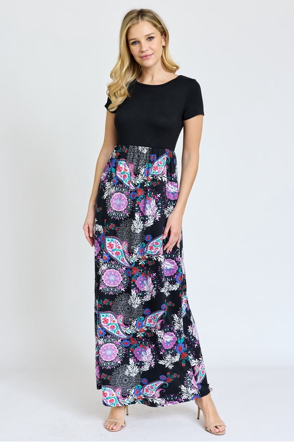 Black Short Sleeve Contrast Purple Paisley Maxi Dress | S-3X