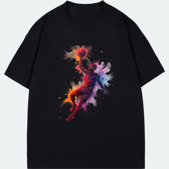 Black Short Sleeve T-Shirt With Basketball Player Splash Art Design For Sports And Casual Wear