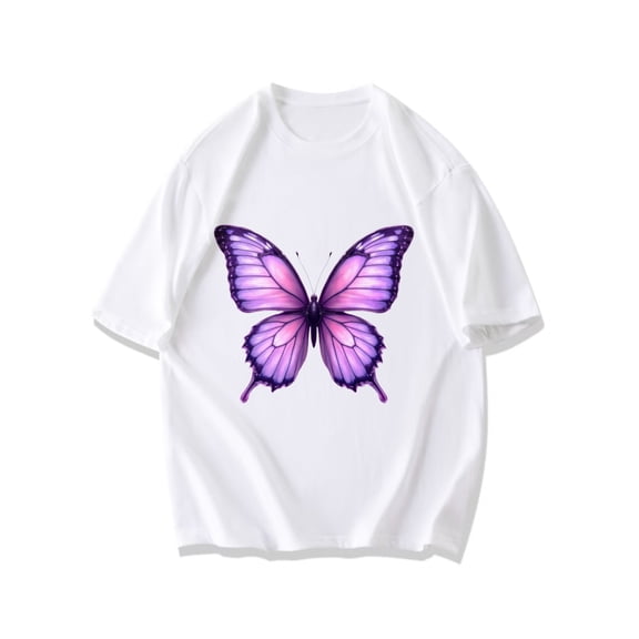Black Short Sleeve T Shirt With Purple Butterfly Print For Casual Wear