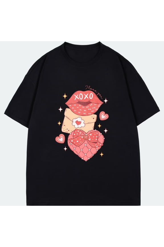 Black Short Sleeve T Shirt With Xoxo Lips Heart And Bow Print For Casual Wear