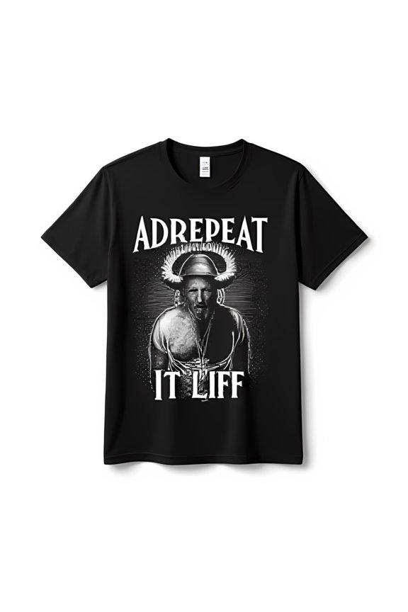 Black Short Sleeve T-Shirt with Bearded Man Graphic and Adrepeat It Liff Print