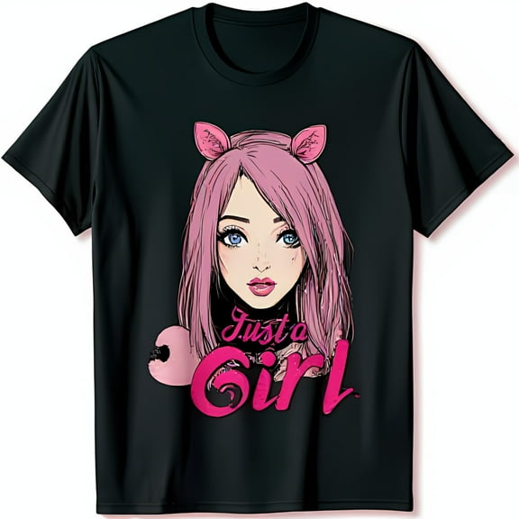 Black Short Sleeve T-Shirt with Cartoon Girl Graphic & Playful Text Design