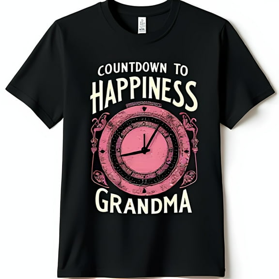 Black Short Sleeve T-Shirt with Floral Clock Graphic Countdown to Happiness for Grandma