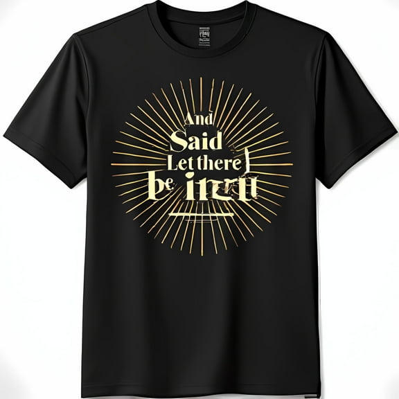 Black Short Sleeve T-Shirt with Gold Let There Be Light Graphic Design