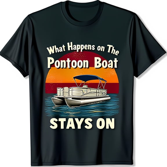 Black Short Sleeve T-Shirt with White Pontoon Boat Sunset Graphic Fun Water Adventure Design
