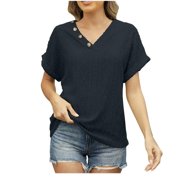 Black Short Sleeve Tops for Juniors Fall Summer Vneck Spandex Loose Fit Brunch Ribbed Keyhole Hollow Out Basic Tops Shirt Blouse Women 2025 Clothing Fashion Y2K XL
