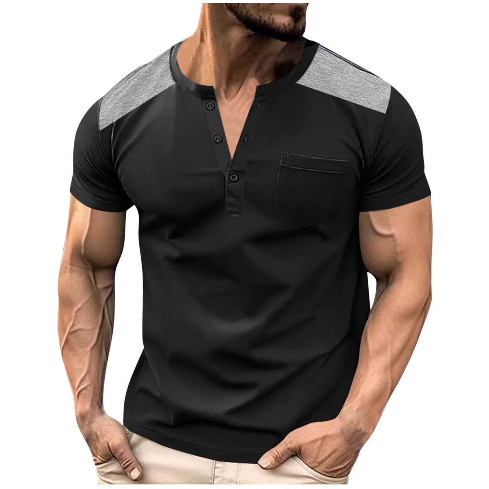 Black Short Sleeve Tops for Mens Fall Summer Crewneck Henley Spandex ...