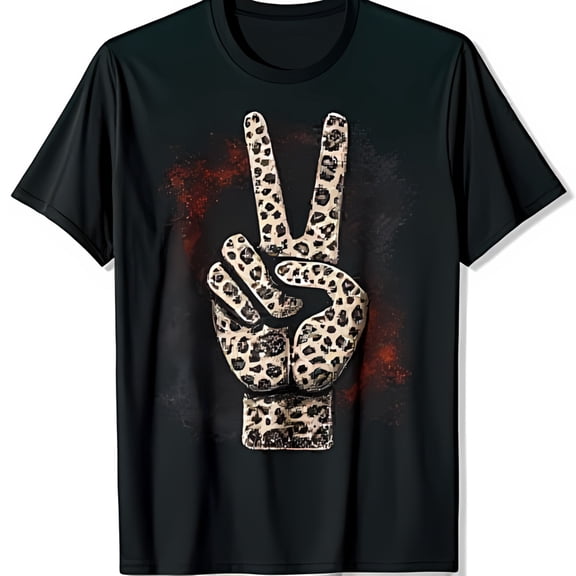 Black Short Sleeved T-Shirt with Print Peace Sign Graphic on Red Background