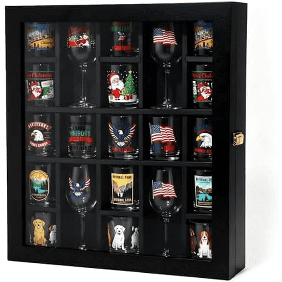 Black Shot Glass Display Case Large Wooden Cabinet Rack Holder Wall Mounted Shadow Box Lockable with Acrylic Glass Door 21 Slot Storage Case with Removable Shelves, 14.1"x12.7"