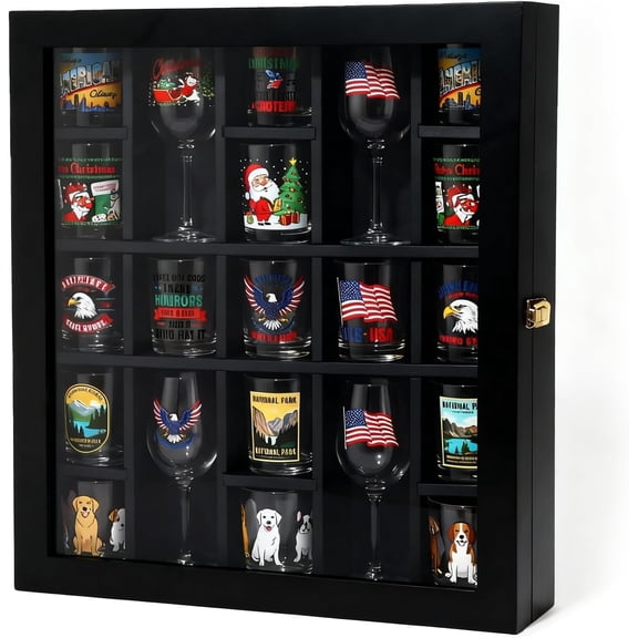 Black Shot Glass Display Case Large Wooden Cabinet Rack Holder Wall Mounted Shadow Box Lockable with Acrylic Glass Door 21 Slot Storage Case with Removable Shelves, 14.1"x12.7"