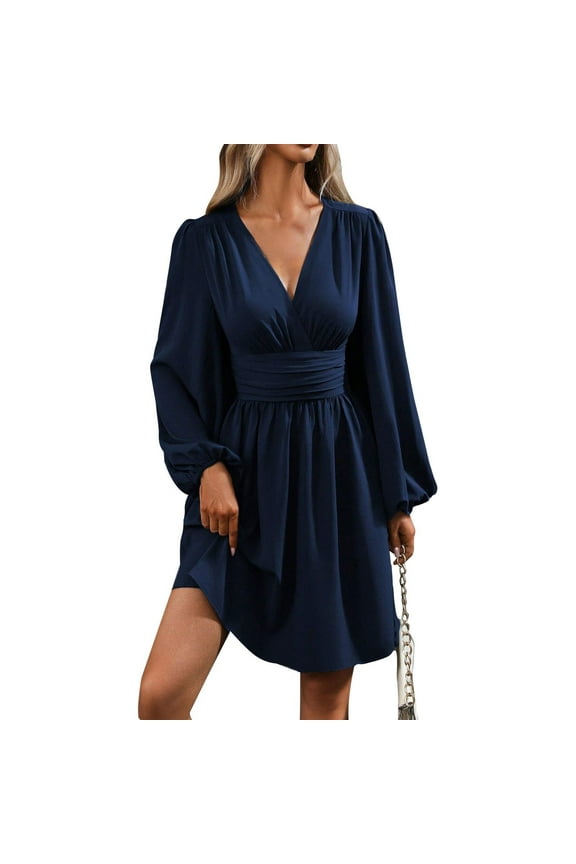 Black Off The Shoulder Dress, Smocked Mini V Neck Long Sleeve Pleated Tunic A Line Dress Cotton Dresses For Women 2025 Pink Quinceanera Dresses Tropical Work Dresses Casual (S, Navy) ZMTing