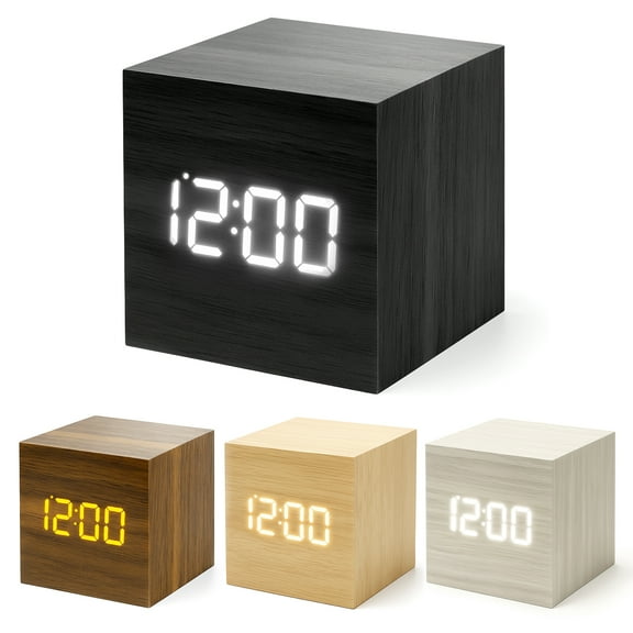 Digital Alarm Clock with Voice Control, Wooden Digital Clocks for Bedrooms, Electric Desk Clock with Large Numbers, Displays Time Date Temperature Calendar, Adjustable Brightness