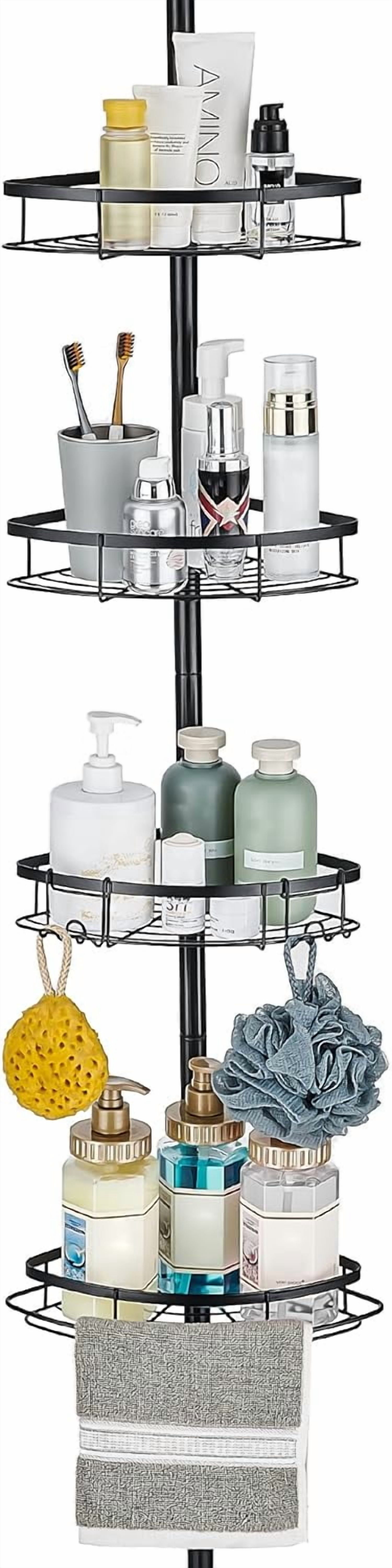 Black Shower Caddy Corner Organizer for Bathroom, Stainless Steel Tension Pole Corner Shelf Shower Caddy Stand for Bathtub Shampoo Storage, 4 Tier Adjustable Shelves, 28.7 to 104.7 Inches
