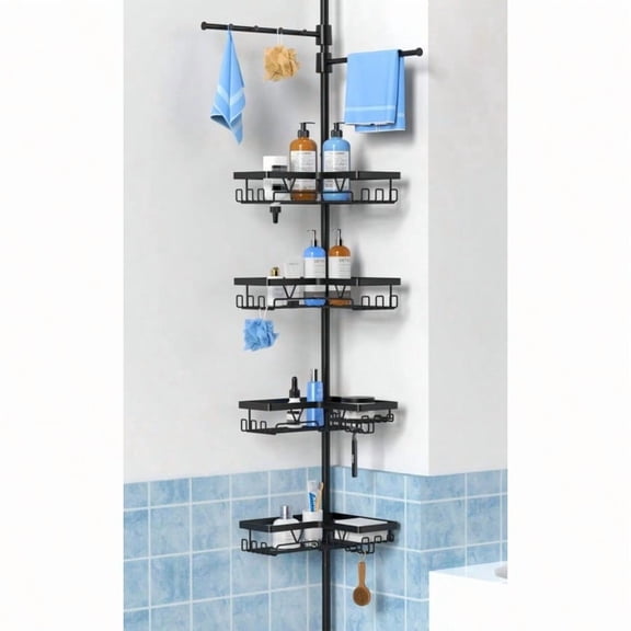 Black Shower Caddy Tension Pole with 2 Towel Bars Adjustable Corner Bathroom Organizer Rustproof Bathtub Storage Shees for Shampoo 25114.2 Inch Shower Corner Rack for Renters Family