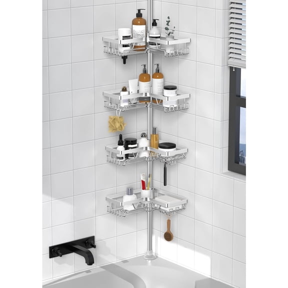 Black Shower Caddy Tension Pole with 2 Towel Bars, Adjustable Corner Bathroom Organizer, Rustproof Bathtub Storage Shelves for Shampoo, 25–114.2 Inch Shower Corner Rack for Renters & Family