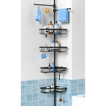 Black Shower Caddy Tension Pole with 2 Towel Bars, Adjustable Corner Bathroom Organizer, Rustproof Bathtub Storage Shelves for Shampoo, 25–114.2 Inch Shower Corner Rack for Renters & Family