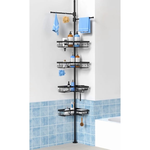 Black Shower Caddy Tension Pole with 2 Towel Bars, Adjustable Corner Bathroom Organizer, Rustproof Bathtub Storage Shelves for Shampoo, 25114.2 Inch Shower Corner Rack for Renters & Family