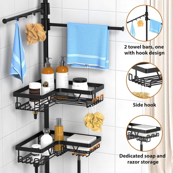Black Shower Caddy Tension Pole with 2 Towel Bars, Adjustable Corner Bathroom Organizer, Rustproof Bathtub Storage Shelves for Shampoo