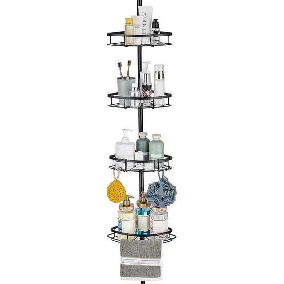 Black Shower Corner Organizer for Bathroom, Stainless Tension Pole Corner Shelf Shower Stand for Bathtub Shampoo Storage, 4 Tier Adjustable Shelves, 28.7 to 104.7