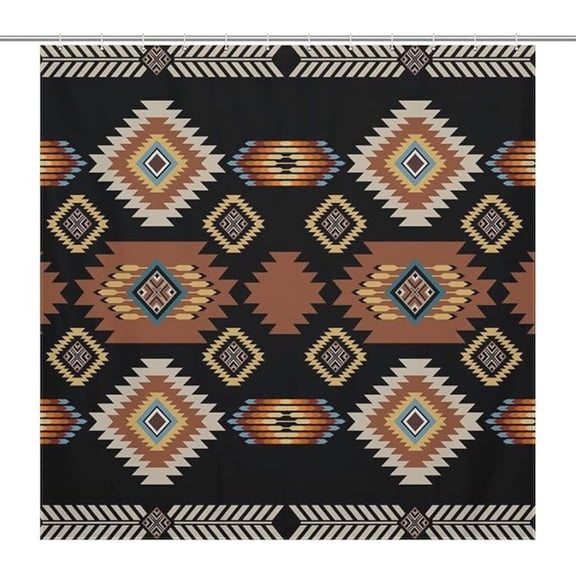 Black Shower Curtain, Aztec Abstract Tribal Ethnic Boho Geometric Retro Native Print For Bathroom Home Decor Set With 12 Pack Plastic Hook 36"W x 72"L