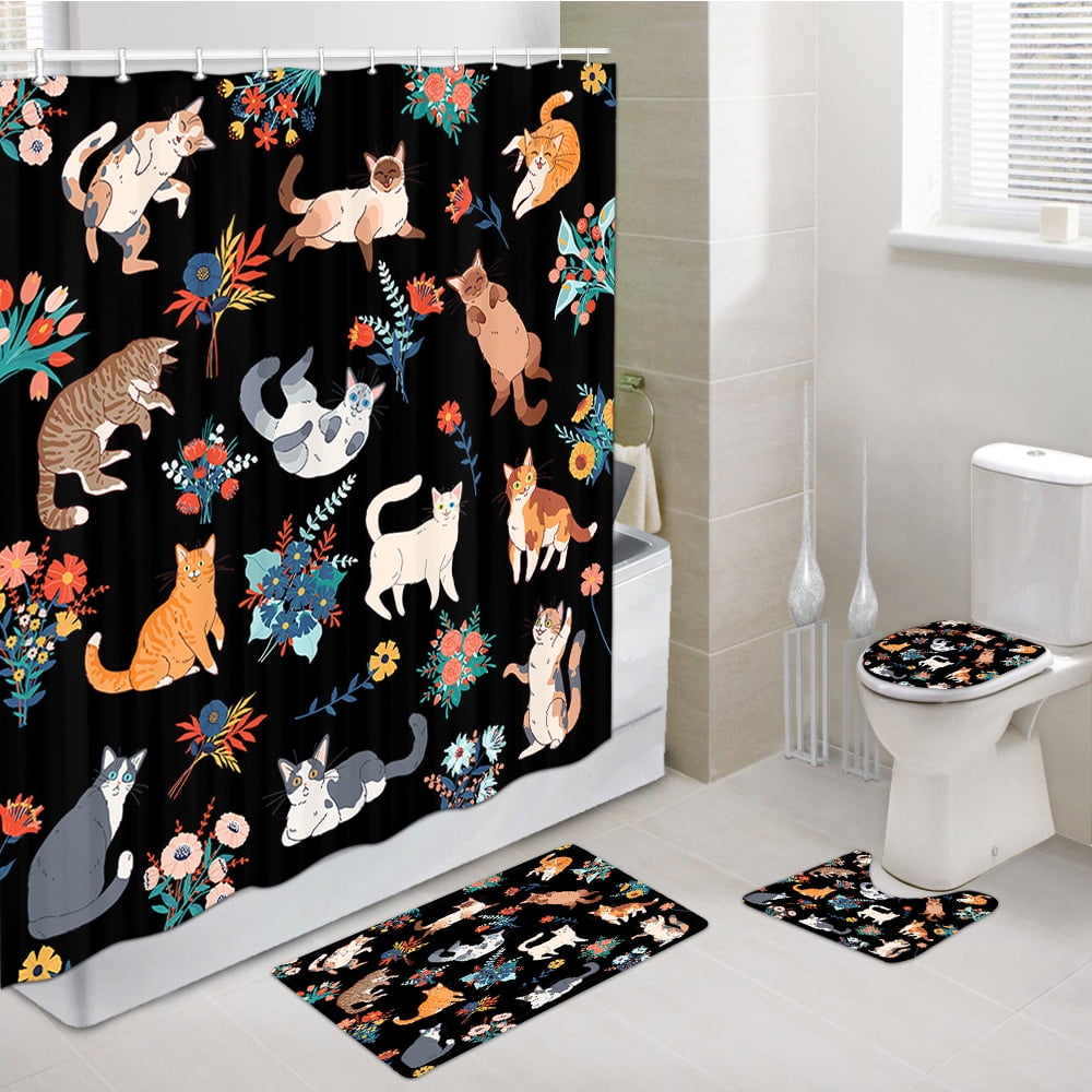 Black Shower Curtain and Bath Mat Set 69x70 Inch, Floral Cat Bathroom ...