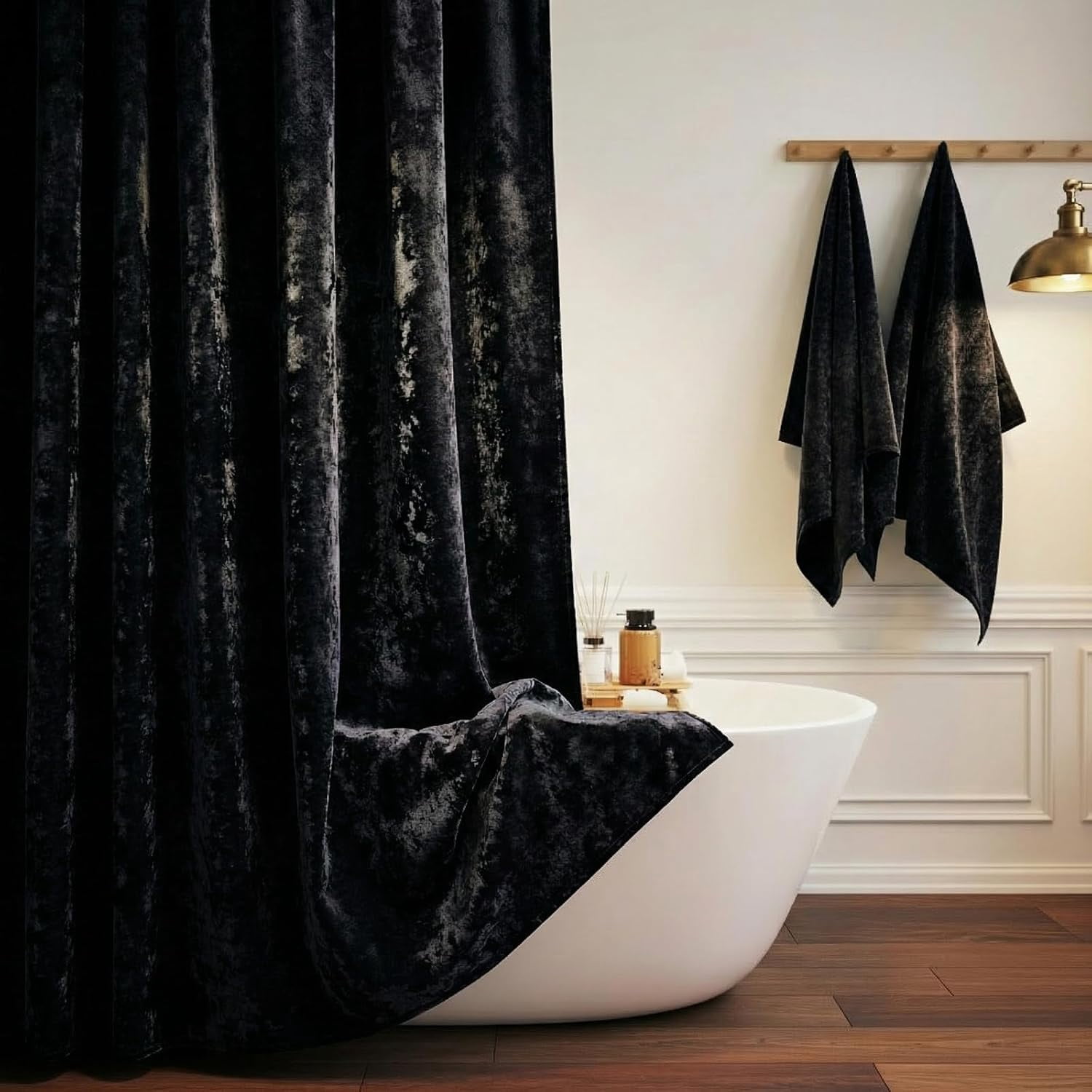 Black Shower Curtain for Bathroom, Luxury Crushed Velvet Shower Curtain Black, Dark Shower Curtain Set with Gold Decro Metal Hooks, Machine Washable Thick Fabric, 72 x 72 inches
