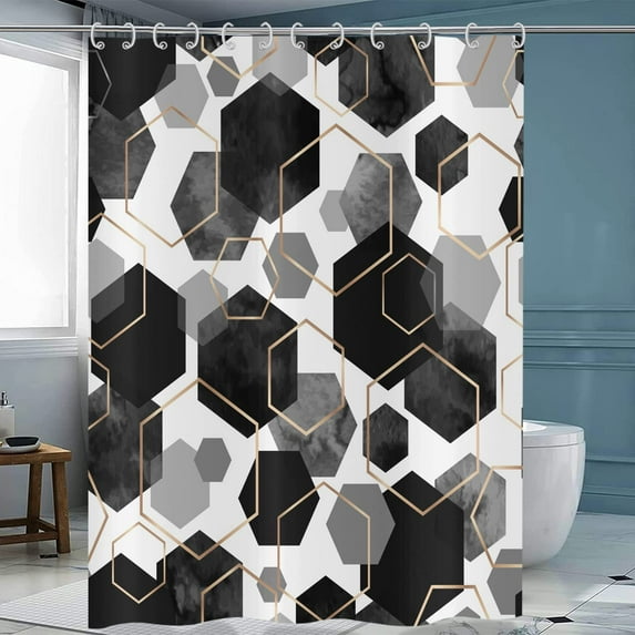 Black Shower Curtain, Black Grey Abstract Geometric Modern Grid Pattern Minimalist Bath Curtains Waterproof Fabric with Hooks for Home Decor, 72Wx72H