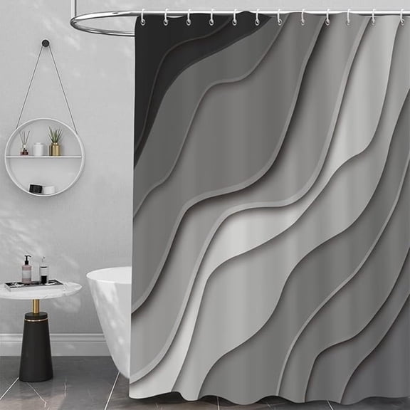 Black Shower Curtain, Black Grey Ombre Aqua Beach Waves Abstract Ocean Modern Bathroom Curtain Home Decor Waterproof Fabric Machine Washable With 12 PCS Hooks 36"W x 72"L