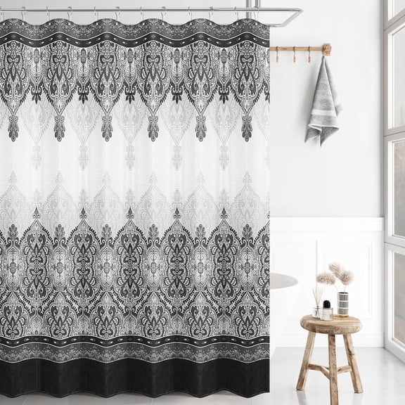 Black Shower Curtain, Black and White Shower Curtains for Bathroom, Waffle Textured Fabric Shower Curtain Set with 12 Hooks, Water Repellent, Machine Washable, 72x72 Inch, Black