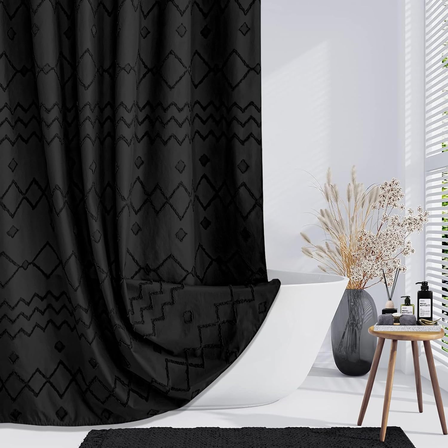 Black Shower Curtain Fabric Textured Tufted Chevron Striped Bathroom ...