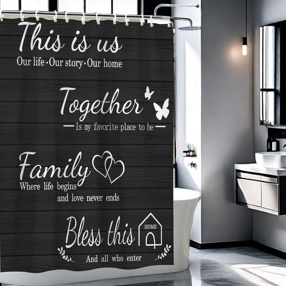 Black Shower Curtain,Family Shower Curtains for Bathroom,Wood Grain Shower Curtains This IS US/TOGETHER/FAMILY/BLESS This HOME/Bathroom Bath Curtain Decor Waterproof Shower Curtains with 12Hook