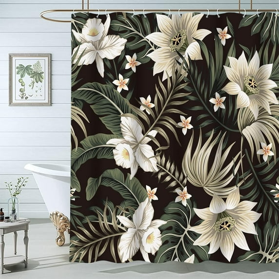 Black Shower Curtain Floral Shower Curtains for Bathroom, Tropical Plants Fabric Curtains Elegant Floral Home Bathroom Decor with 12 Hooks 72x72 Inch