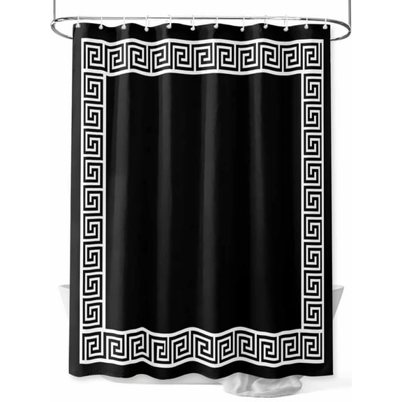 Black Shower Curtain, Greek Chinese Style Border Geometric Waterproof Shower Curtain Set with 12 Hooks Lightweight Washable Fabric Shower Curtains for Bathroom 72x72 Inches