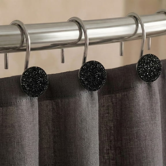 Black Shower Curtain Hooks Rings: 12 Pcs PopKozzi Rust Proof Metal Decorative Curtain Rings - Modern Farmhouse Nautical Designer Shower Hangers for Bathroom - Set of 12