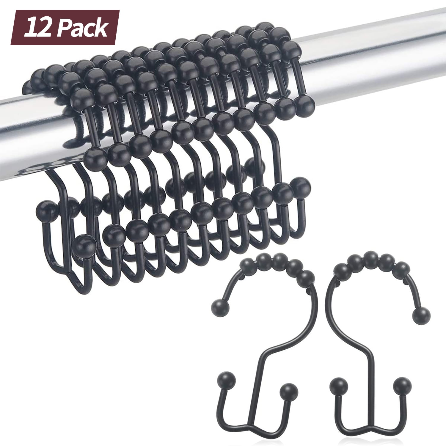 Black Shower Curtain Hooks Rings, Double Sided Shower Hooks Rust Proof