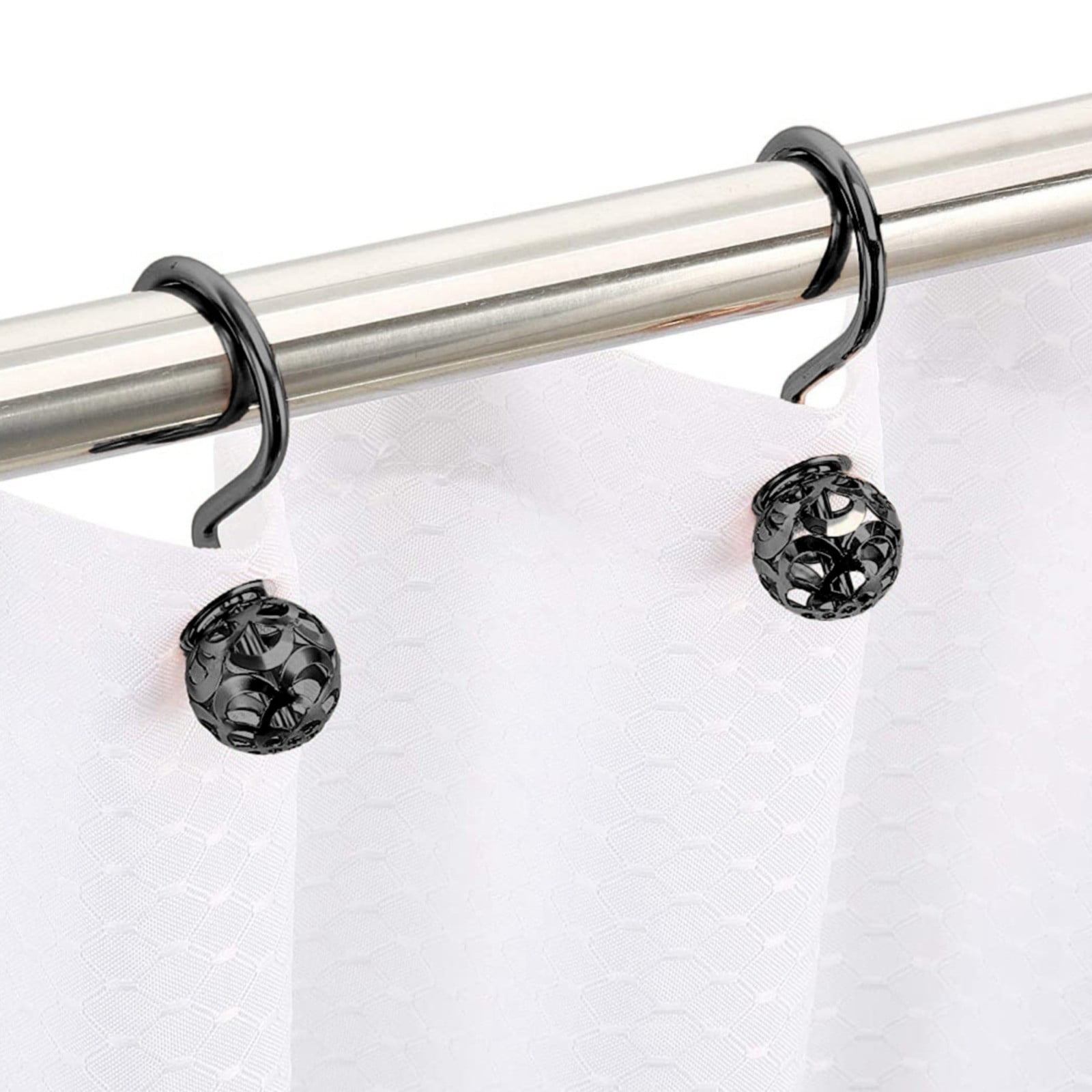 Black Shower Curtain Hooks Set (Rustproof Ring Hangers, Decorative