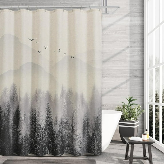 Black Shower Curtain Linen Fabric Shower Curtain Misty Forest Nature Mountain Tree Shower Curtain Set with Hooks Farmhouse Country Shower Curtains for Bathroom Decor, 72x72 inch