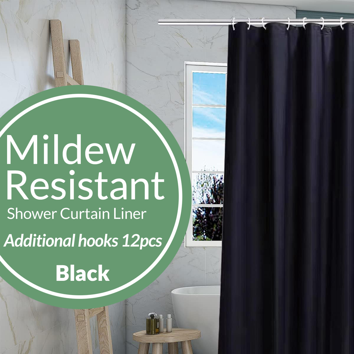 Vinyl Shower Curtain Liner & Chrome Roller Hook Set, Anti Mildew