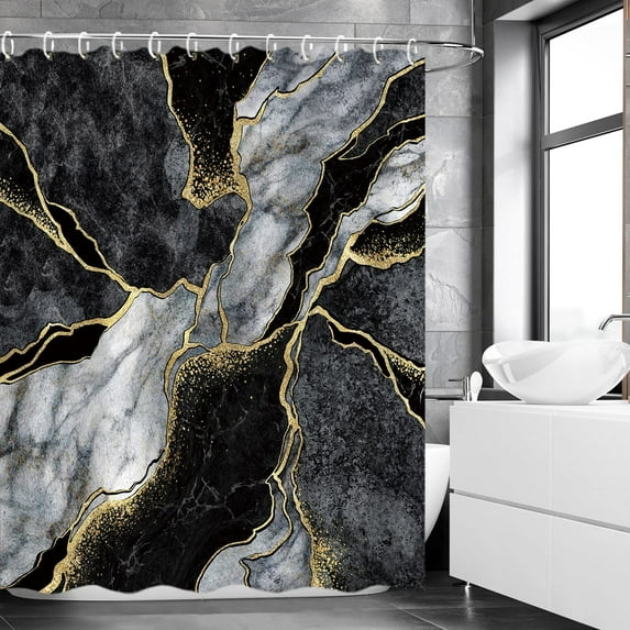 Black Shower Curtain, Marble Shower Curtain, Abstract Shower Curtain, Black Marble Shower Curtains Set with 12 Hooks, Black Bathroom Decor, 72" Wx72 H