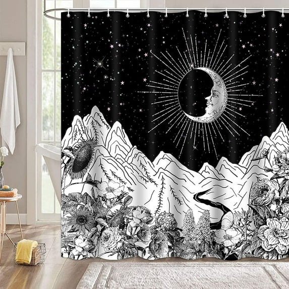 Black Shower Curtain,Minimalist Bobo Mountains Bathroom Shower Curtains,Mandala Wildflower Hippie Moon Bath Curtain Set with 12 Hooks 72x72in,Waterproof Fabric
