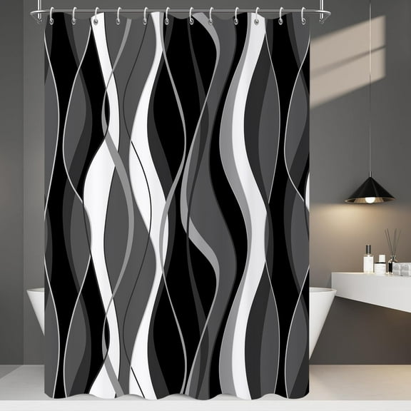 Black Shower Curtain, Modern Abstract Black Grey White Striped Minimalist Art Bathroom Curtain Waterproof Fabric Machine Washable with Hooks 72"W x 78"L (Pack of 1)
