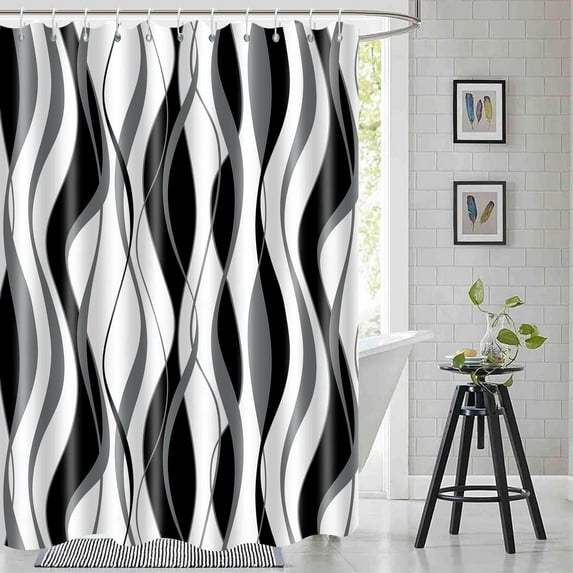 Black Shower Curtain, Modern Abstract Black and White Striped Shower Curtain Set for Bathroom Waterproof Polyester Shower Curtain with Hooks, 69X84IN