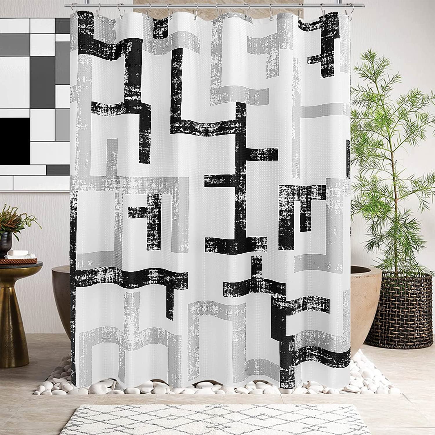 Black Shower Curtain, Modern Fabric Shower Curtains for Bathroom, Luxury Shower Curtain with 12 Hooks, Water Repellent Textured Polyester Bath Shower Curtains Hotel Heavy Weighted 72 x 72