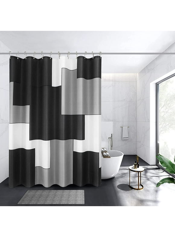 Black Shower Curtain Modern Black Shower Curtain Set White and Grey Geometric Fabric Waffle Weave Textured Shower Curtains for Bathroom with 12 Hooks, Water Repellent, Machine Washable, 72×72 Inches