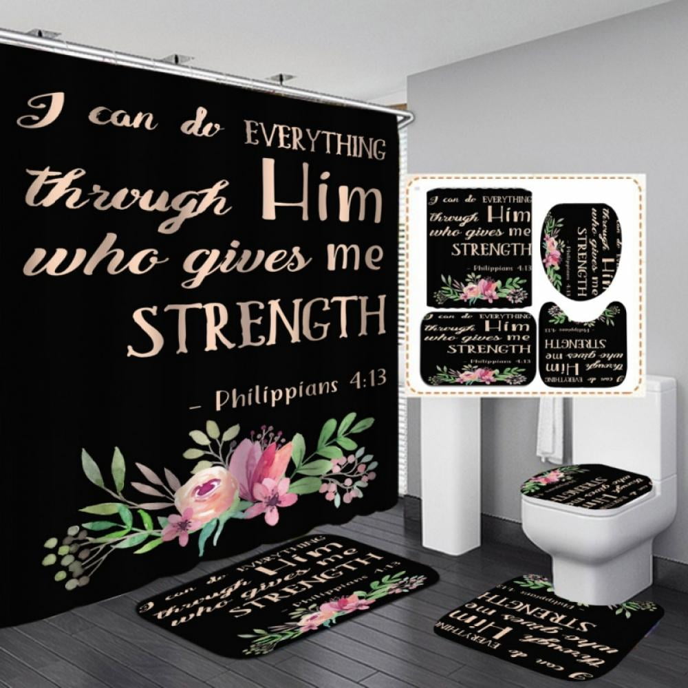 Black Shower Curtain Set 4PCS Floral Bathroom Set 3D Print Bathroom Shower Fashionable And Practical Curtain Sets with Rugs Toilet Lid Cover U Shape Rug Bathroom Mat