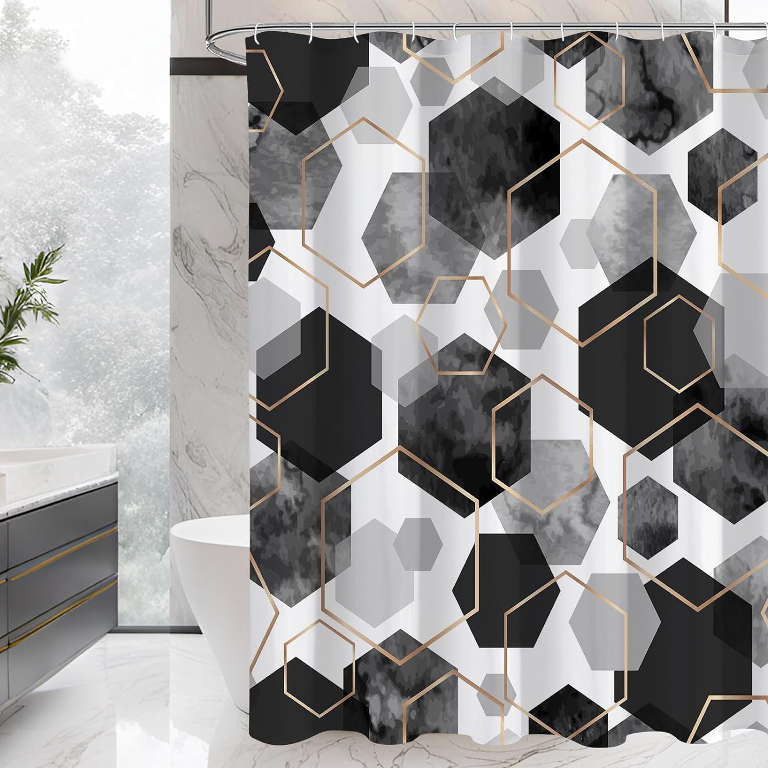 Black Shower Curtain Set with Hooks Grey and White Shower Curtains for